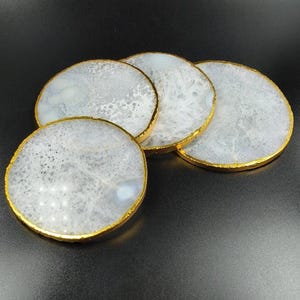 White Agate Crystal Coaster: Gold Electroplated Natural Slice, Spiritual Home Decor