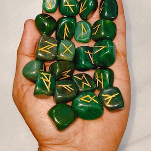 Handcrafted Natural Green Jade Runes, Engraved And painted By Hand, High Quality Pieces Crystal Runes Green Gemstone Runes Crystal therapy.