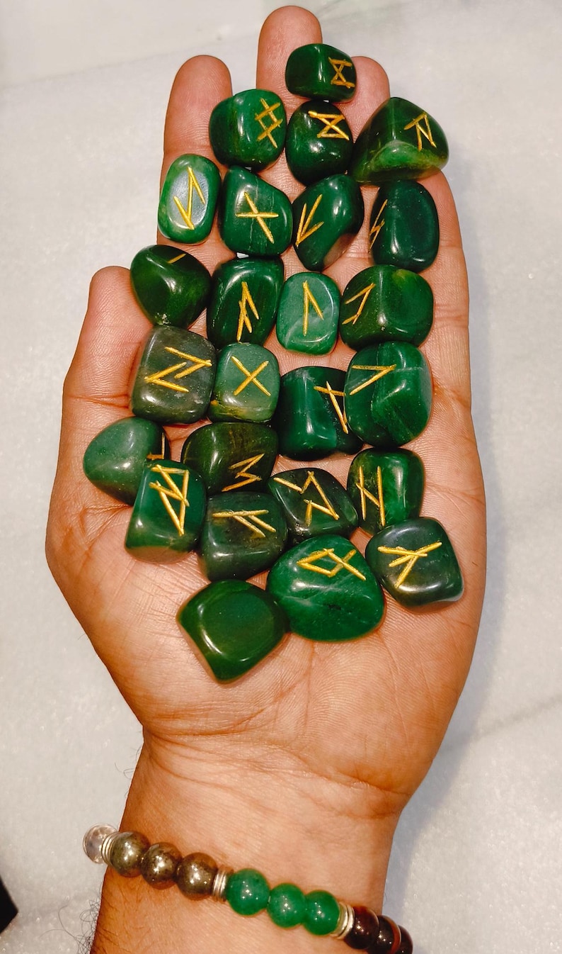 Handcrafted Natural Green Jade Runes, Engraved And painted By Hand, High Quality Pieces Crystal Runes Green Gemstone Runes Crystal therapy.