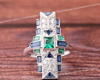 Classic Wedding Ring, Art Deco Inspired Ring, 1.6Ct Emerald & Sapphire Gemstone Ring, 14K White Gold, Anniversary Gift, Valentine's Day Gift