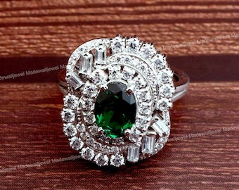 Anillo de compromiso Art Déco, fabuloso anillo de bodas, anillo de piedra preciosa esmeralda 2.0, oro blanco de 14 qt, regalo de aniversario para ella, regalo de cumpleaños sorpresa