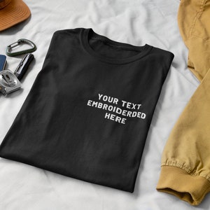 Tshirt Personalised With Your Custom Text Left Breast Design | Embroidered T-Shirt Custom Text On Left Breast Design - 6 fonts available