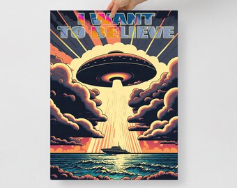 UFOイラストアートプリント、カラフルなレトロSFポスター（デジタルダウンロード）