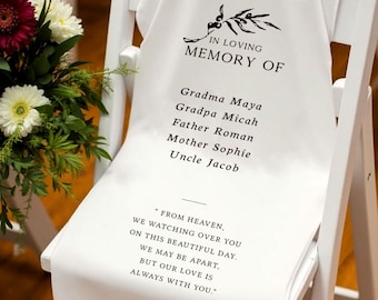 Placa de cadeira em memória de casamento reservada, placa de tecido personalizada, faixa de cadeira de casamento em memória de entes queridos, placa de casamento em memória personalizada