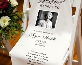 Placa de tecido personalizada para cadeira de casamento em memória de entes queridos, placa memorial personalizada para casamento.