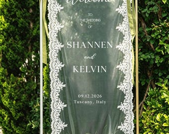 Placa de boas-vindas em tecido, placa transparente, placa de tecido, placa de tecido, placa de boas-vindas personalizada para casamento, placa personalizada com borda de renda, chá de bebê
