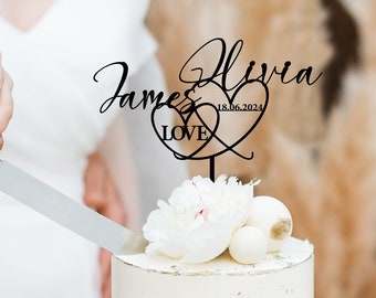 Boda topper pastel, topper pastel de oro con corazones para bodas, topper pastel de fecha, topper pastel de fecha y nombre personalizado, topper pastel de aniversario