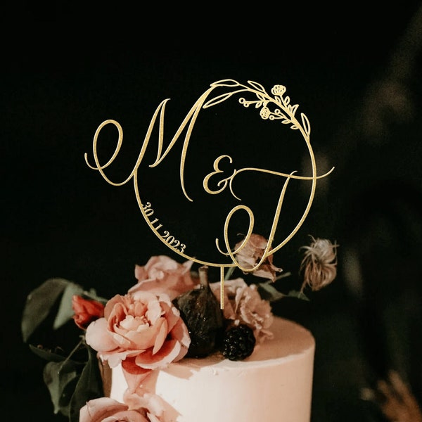 Toppers de gâteau de mariage initiaux personnalisés, toppers de gâteau vintage en or, toppers de gâteau de mariage rustiques, décorations de mariage cadeaux d'anniversaire rétro