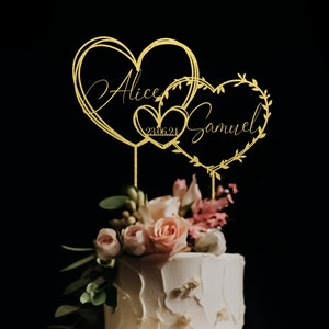 Three Hearts wedding Cake Topper , Custom Couples Script Cake Topper for Weddings, Gold Rustic cake topper, Anniversary Cake toppers.