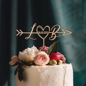 Topper per torta con iniziali a freccia personalizzate, topper per torta vintage in oro con cuore e data, topper per torta nuziale rustica