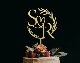 Benutzerdefinierte Initiale Hochzeitstorte Topper, Gold Cake Topper, Vintage rustikale Hochzeitstorte Topper, Jubiläum Tortendeko, Hochzeitsdekoration