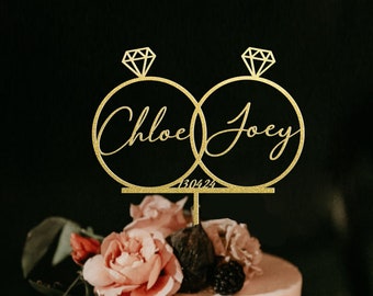 Wedding Cake Toppers with diamond ring, Gold Wedding Vintage Cake Toppers, Rustic  Cake Toppers, Anniversary Gift Wedding Decorations