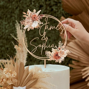 Decorazione per matrimonio boho, topper personalizzato Mr e Mrs acquerello, targa con nome di coppia, topper con design naturale, topper per torta di anniversario