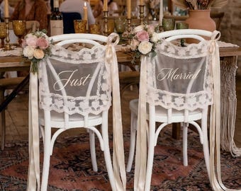 Placa de renda personalizada "Recém-Casados" para cadeira de noivos, placas de renda transparente, decoração de cadeira de casamento, banners personalizados para cadeiras de casamento.