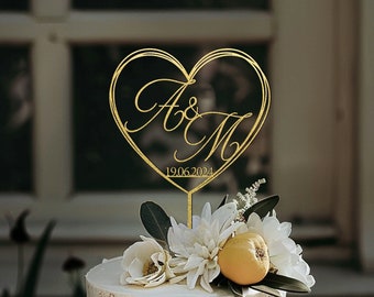 Topper per torta nuziale a forma di cuore, Topper per torta vintage dorati, Decorazioni per matrimoni regalo di anniversario, Topper per torta con data