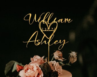 Personalized Wedding Cake Topper with heart, Custom Couples Script Cake Topper for Weddings, Rustic cake topper, Anniversary Cake toppers