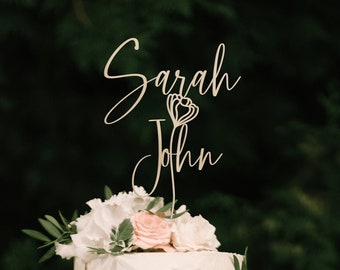 Toppers de pastel personalizados con flores, Topper de pastel de guión de parejas personalizado para bodas, topper de pastel rústico, toppers de pastel de aniversario