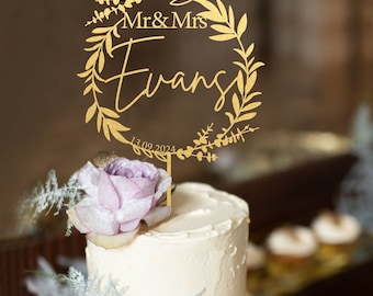 Gold Cake topper for Weddings, Personalized cake topper, Rustic wedding cake topper, Custom Mr Mrs cake topper, Anniversary Cake topper
