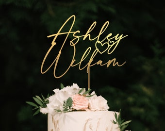 Topper de pastel de boda personalizado con corazón, topper de pastel de guión de parejas personalizado para bodas, topper de pastel rústico, toppers de pastel de aniversario