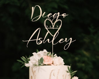 Personalized Wedding Cake Topper with heart, Custom Couples Script Cake Topper for Weddings, Rustic cake topper, Anniversary Cake toppers