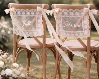 Gepersonaliseerde kant net getrouwd stoel bord voor bruid en bruidegom, pure kant borden, bruiloft stoel decor, aangepaste bruiloft stoel banners