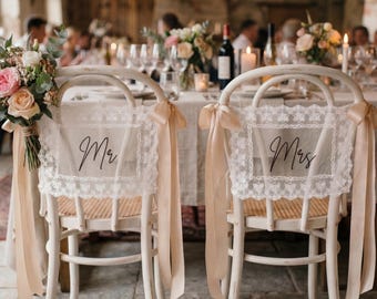 Decoração de Cadeiras de Casamento, Placa Personalizada de Renda "Recém-Casados" para Noivos, Placas de Renda Transparente, Faixas Personalizadas para Cadeiras de Casamento
