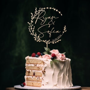 Décoration de gâteau de mariage or avec fleurs, décoration de gâteau de couple personnalisée pour mariages, décoration de gâteau rustique, décoration de gâteau d'anniversaire Natural Wood