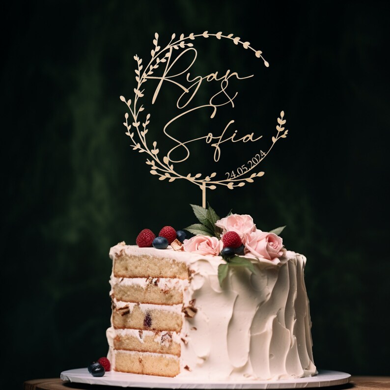 Décoration de gâteau de mariage or avec fleurs, décoration de gâteau de couple personnalisée pour mariages, décoration de gâteau rustique, décoration de gâteau d'anniversaire Natural Wood