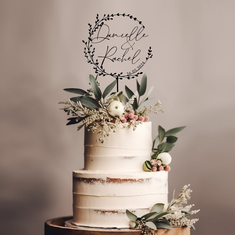 Décoration de gâteau de mariage or avec fleurs, décoration de gâteau de couple personnalisée pour mariages, décoration de gâteau rustique, décoration de gâteau d'anniversaire image 2