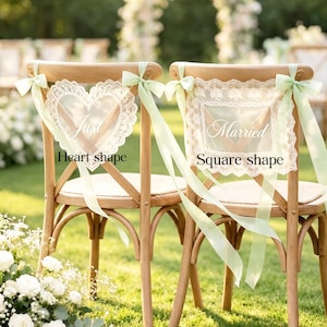 Gepersonaliseerde kanten stoelstrik met 'Just Married'-opdruk | Stoelbanner voor bruid en bruidegroom op maat, boho schuurdecoratie voor bruiloftsstoelen, accessoire voor trouwfoto's afbeelding 2