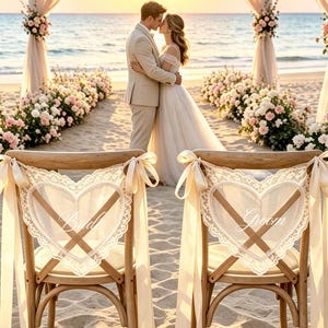 Gepersonaliseerde kanten stoelstrik met 'Just Married'-opdruk | Stoelbanner voor bruid en bruidegroom op maat, boho schuurdecoratie voor bruiloftsstoelen, accessoire voor trouwfoto's afbeelding 9