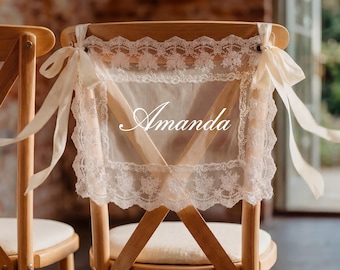 Placa de renda personalizada "Recém-Casados" para cadeira de noivos, placas de renda transparente, decoração de cadeira de casamento, banners personalizados para cadeiras de casamento.