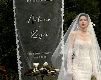 Placa de boas-vindas em tecido, placa transparente, placa de tecido, véu de noiva, placa de tecido, placa de boas-vindas personalizada para casamento, placa personalizada com borda de renda