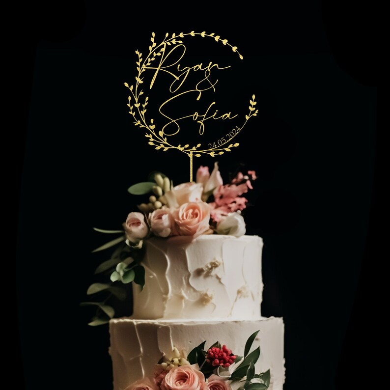 Gold Wedding Cake Topper with Floral, Custom Couples Script Cake Topper for Weddings, Rustic cake topper, Anniversary Cake toppers Gold Mirror
