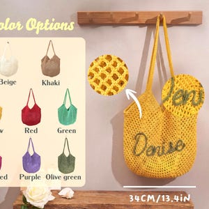 May include: A yellow crochet tote bag with the name "Denise" embroidered on it, and the name "Jen" on the side. The bag is 13.4 inches wide and 14.2 inches tall. Color options include beige, khaki, yellow, red, green, rose red, purple, and olive green.