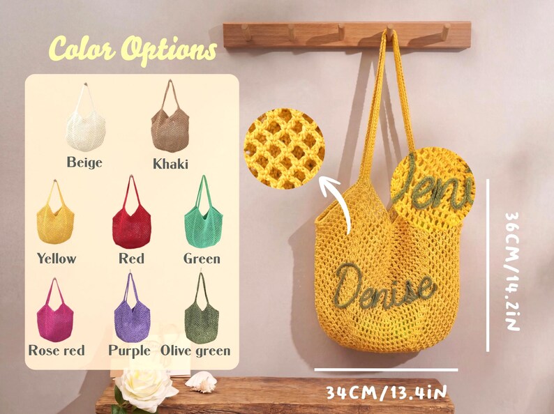 May include: A yellow crochet tote bag with the name "Denise" embroidered on it, and the name "Jen" on the side. The bag is 13.4 inches wide and 14.2 inches tall. Color options include beige, khaki, yellow, red, green, rose red, purple, and olive green.