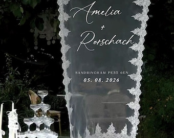 Placa de boas-vindas em tecido, placa transparente, placa de tecido, véu de noiva, placa de tecido, placa de boas-vindas personalizada para casamento, placa personalizada com borda de renda