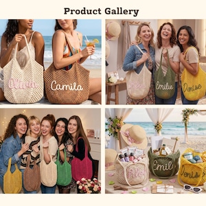 May include: A product gallery featuring crocheted tote bags in various colors, personalized with names. The bags are shown in different settings, including a beach, with friends, and as gifts. The bags are a light beige, brown, green, and yellow.