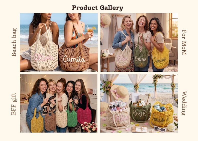 May include: A product gallery featuring crocheted tote bags in various colors, personalized with names. The bags are shown in different settings, including a beach, with friends, and as gifts. The bags are a light beige, brown, green, and yellow.