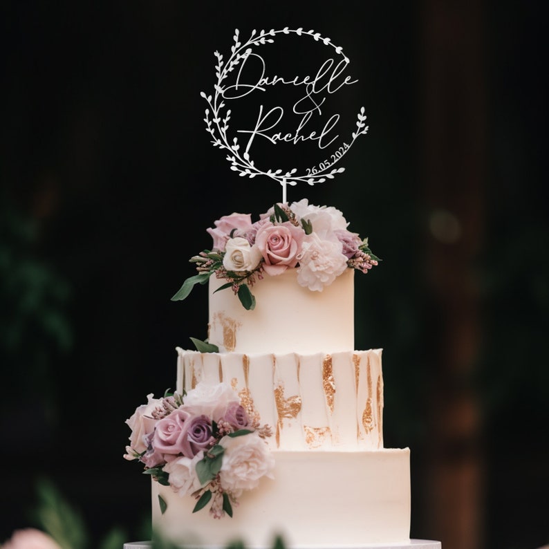 Décoration de gâteau de mariage or avec fleurs, décoration de gâteau de couple personnalisée pour mariages, décoration de gâteau rustique, décoration de gâteau d'anniversaire Silver Mirror