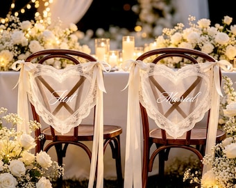 Placa de renda personalizada "Recém-Casados" para cadeira de noivos, placas de renda transparente, decoração de cadeira de casamento, banners personalizados para cadeiras de casamento.
