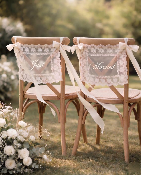 Personalized Lace Just Married Wedding Chair Sash | Custom Bride Groom Chair Banner, Boho Barn Wedding Chair Decor, Wedding Photo Prop