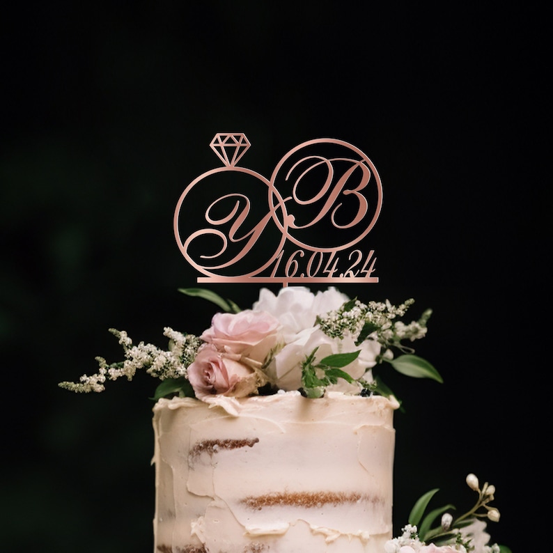 Two Ring Topper Cake Toppers With Diamond Ring, Gold Wedding Vintage Cake Toppers ...