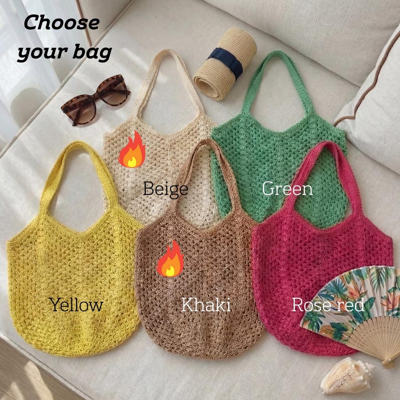 May include: A collection of five crocheted tote bags in various colors: yellow, beige, green, rose red, and khaki. The bags have a simple, open weave design with matching handles. The text "Choose your bag" is at the top.