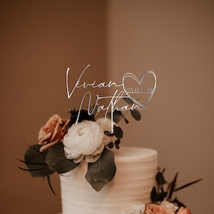 Topper per torta nuziale personalizzato con cuore, Topper per torta con script di coppie personalizzate per matrimoni, topper per torta rustico, toppers per torta di anniversario Silver Mirror