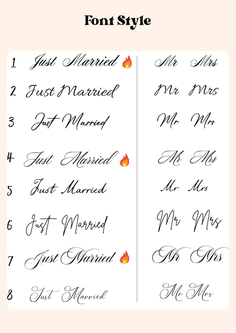 Op de afbeelding: Een witte achtergrond toont acht verschillende lettertypen voor de zinnen "Just Married" en "Mr Mrs". Elke zin is geschreven in een ander elegant, cursief lettertype. Sommige stijlen bevatten een vlam-emoji.