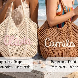May include: Two crocheted tote bags, one beige with pink lettering spelling "Olivia", the other khaki with white lettering spelling "Camila". Both bags have a net-like design and are held by people on a beach.