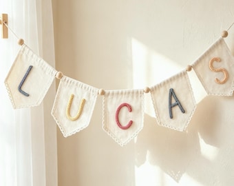 Personalized Name Banner, Custom Yarn Letter Garland, Lace Pennant Nursery Decor, Baby Room Wall Hanging, Baby Shower Gift