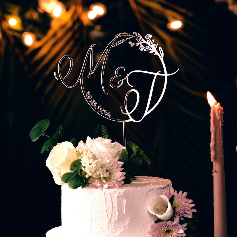 Toppers de pastel de boda iniciales personalizados, toppers de pastel vintage de oro, toppers de pastel de boda rústicos, decoraciones de boda de regalo de aniversario retro imagen 7