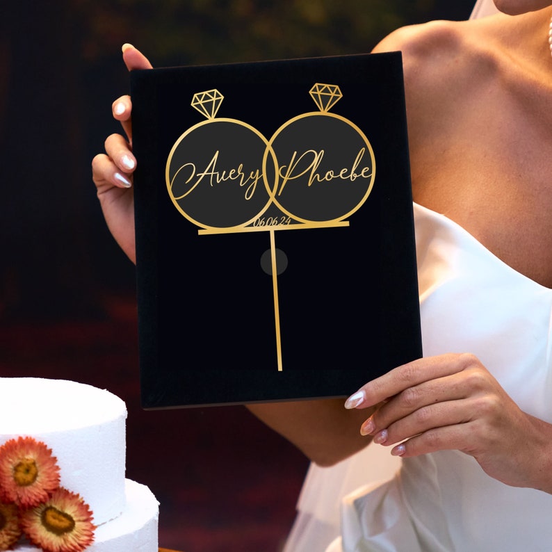 Two Ring Topper Wedding Cake Toppers With Diamond Ring, Gold Wedding Vintage Cake ...